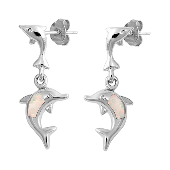 Sterling Silver Cute Dolphin Dangle Ocean Sea Earrings White Synthetic Opal 925