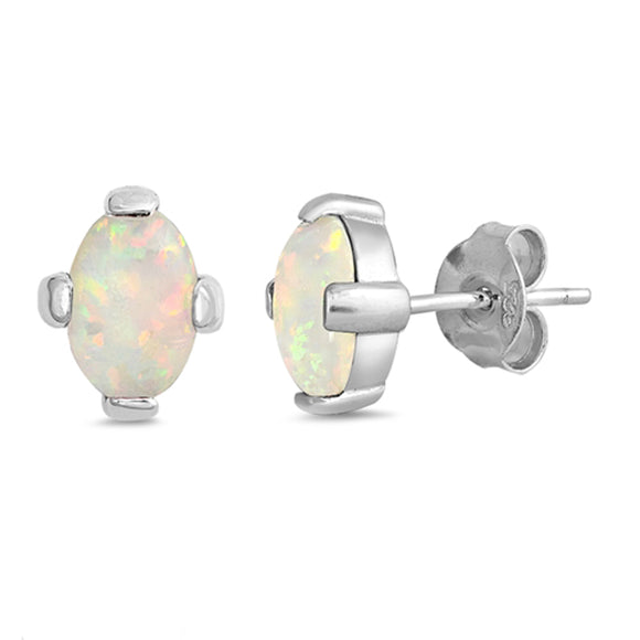 Sterling Silver Simple Oval Modern High Polish Earrings White Synthetic Opal 925