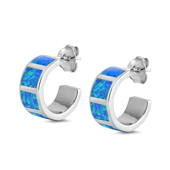 Sterling Silver Mosaic Hoop Geometric High Polish Earrings Blue Synthetic Opal