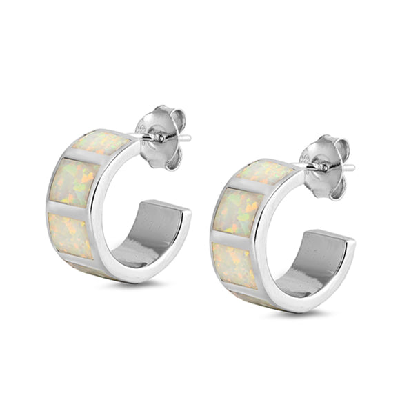 Sterling Silver Mosaic Hoop Modern High Polish Earrings White Synthetic Opal 925