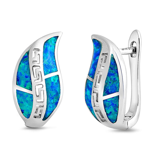 Sterling Silver Mosaic Leaf Greek Key Cutout Open Earrings Blue Synthetic Opal