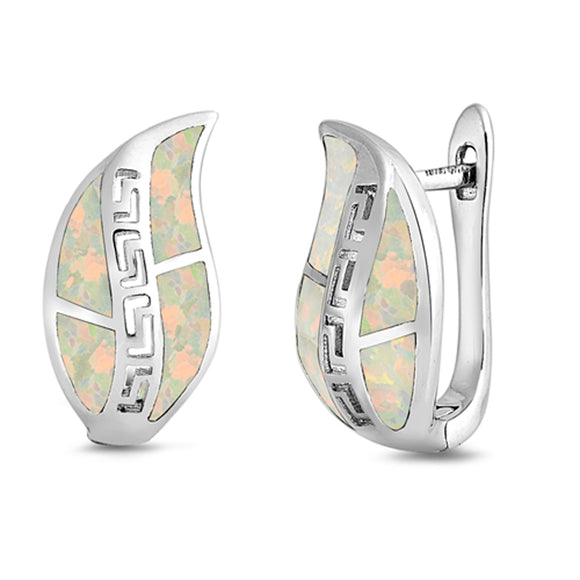 Sterling Silver Mosaic Leaf Greek Key Open Cutout Earrings White Synthetic Opal
