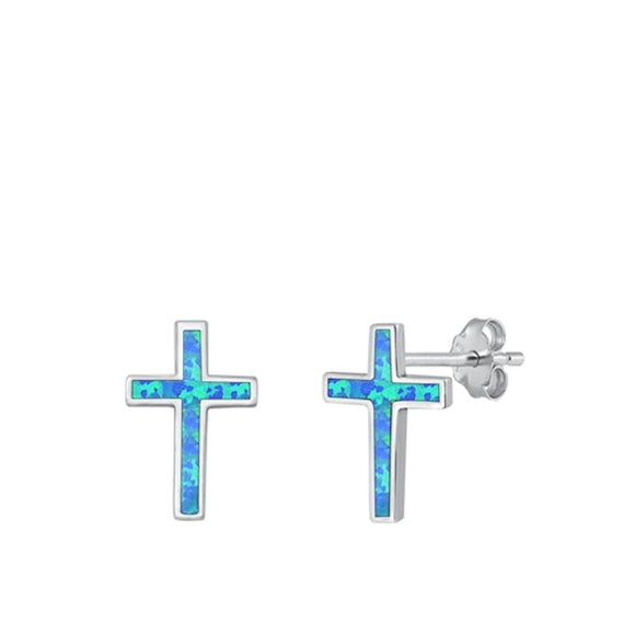 Sterling Silver Blue Opal Cross Stud High Polished Christian Earrings 925 New