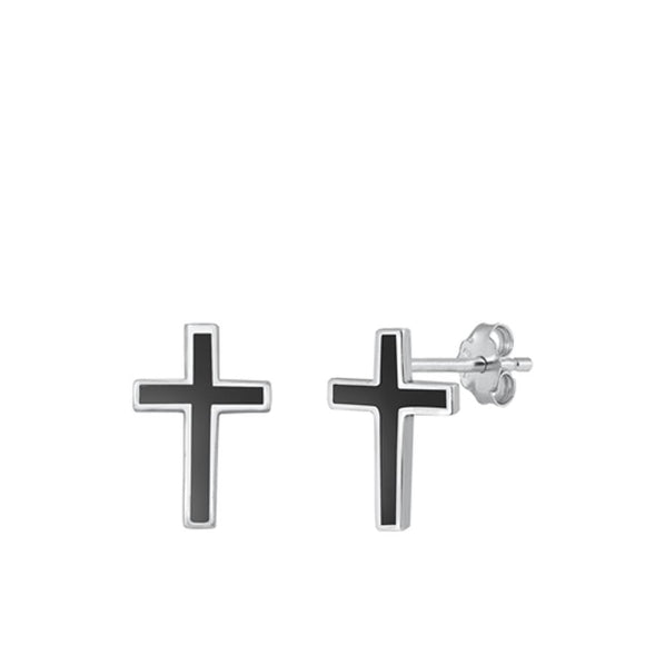 Sterling Silver Fashion Black Agate Cross Polished Christian Earrings 925 New