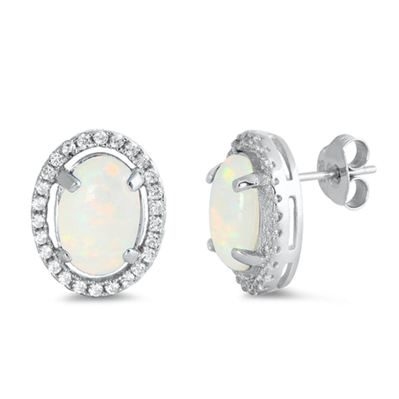 Sterling Silver Modern Oval Halo Elegant Cluster Earrings White Synthetic Opal