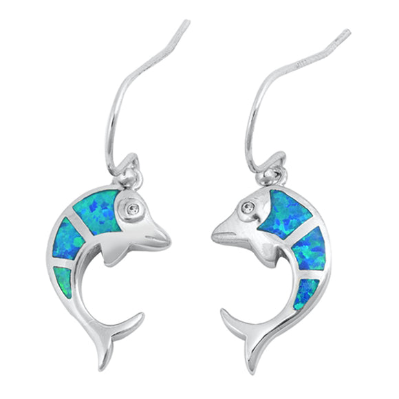 Sterling Silver Cute Dolphin Mosaic Fish Ocean Earrings Blue Synthetic Opal 925