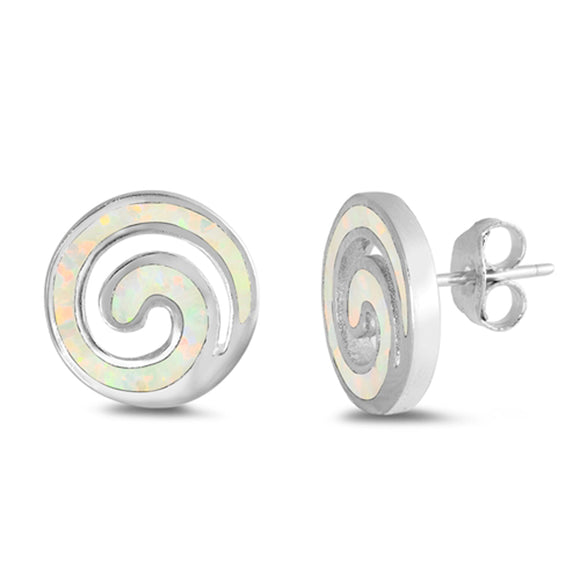 Sterling Silver Classic Spiral Swirl Circle Modern Earrings White Synthetic Opal