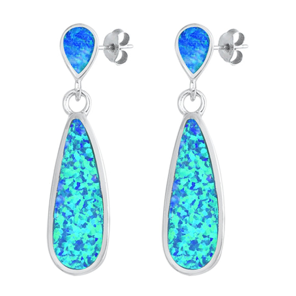 Sterling Silver Teardrop Dangle Statement Bold Earrings Blue Synthetic Opal 925