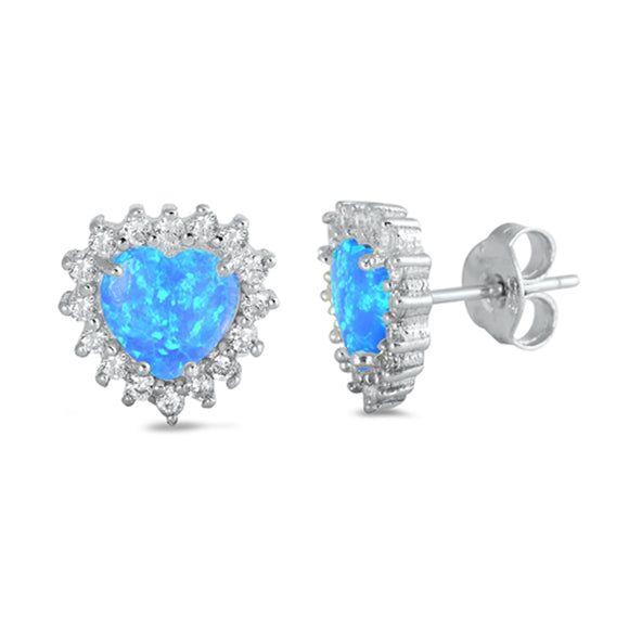 Sterling Silver Burst Heart Vintage Style Studded Earrings Blue Synthetic Opal