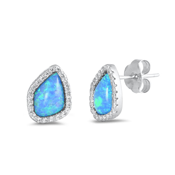 Sterling Silver Simple Classic Studded Halo Love Earrings Blue Synthetic Opal