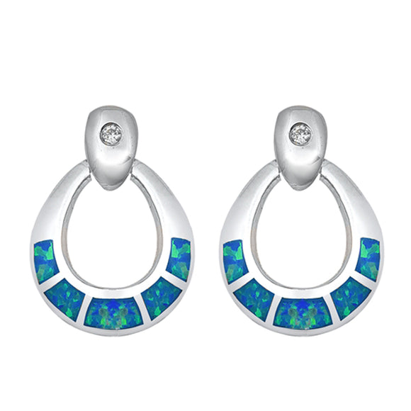 Sterling Silver Elegant Mosaic Classic Earrings Blue Synthetic Opal Clear CZ 925