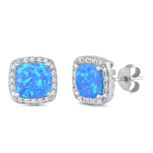Sterling Silver Square Halo Studded Earrings Blue Synthetic Opal Clear CZ 925