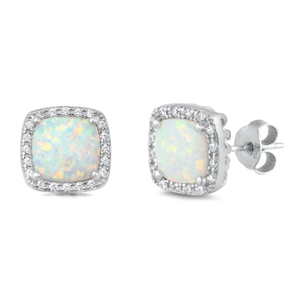 Sterling Silver Square White Opal Clear CZ Stud High Polished Earrings 925 New