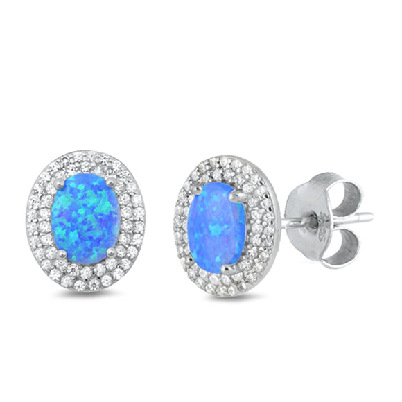 Sterling Silver Oval Halo Elegant Earrings Blue Synthetic Opal Clear CZ 925 New