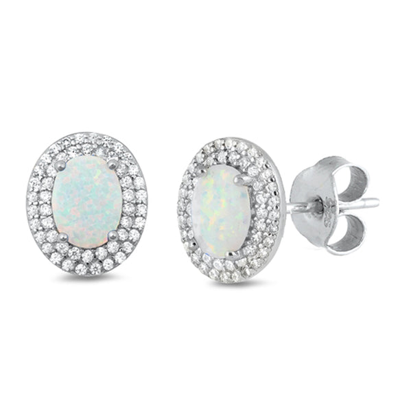 Sterling Silver Oval Halo Eternity Earrings White Synthetic Opal Clear CZ 925