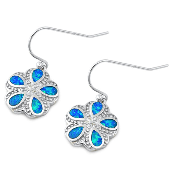 Sterling Silver Bali Flower Sand Dollar Shell Boho Earrings Blue Synthetic Opal