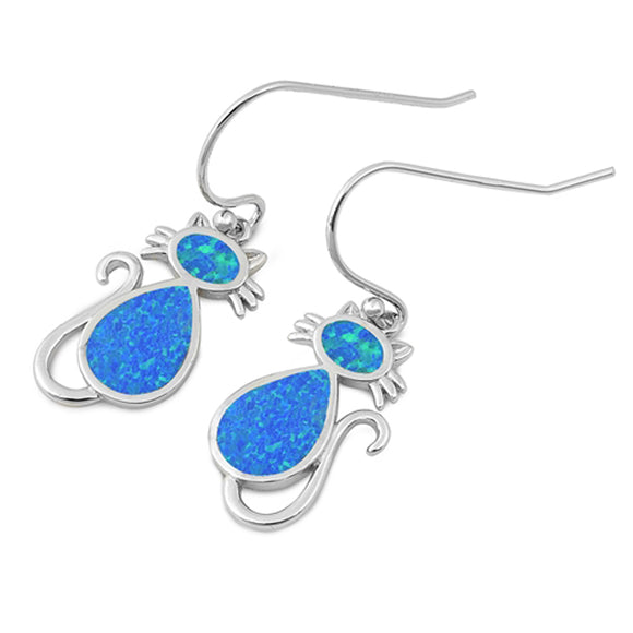 Sterling Silver Cat Kitten Animal Cute Pet Earrings Blue Synthetic Opal 925 New