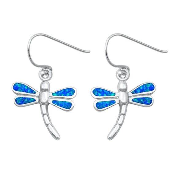 Sterling Silver High Polished Cute Blue Opal Dragonfly Hook Earrings 925 New