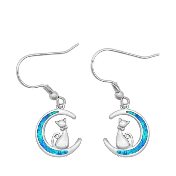 Sterling Silver Cat On Moon Drop Dangle Wired Hook Earrings Blue Opal 925 New