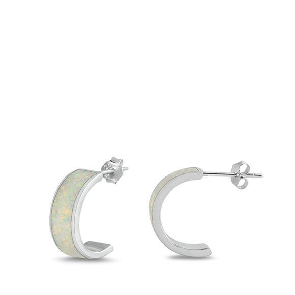 Trendy Sterling Silver White Opal Half Hoop High Polished Earrings 925 New