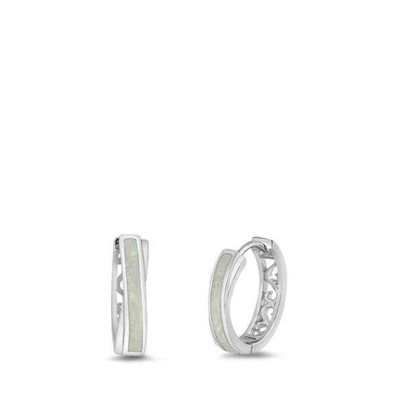 Sterling Silver Fashion White Synthetic Opal Hoop High Polished Earrings