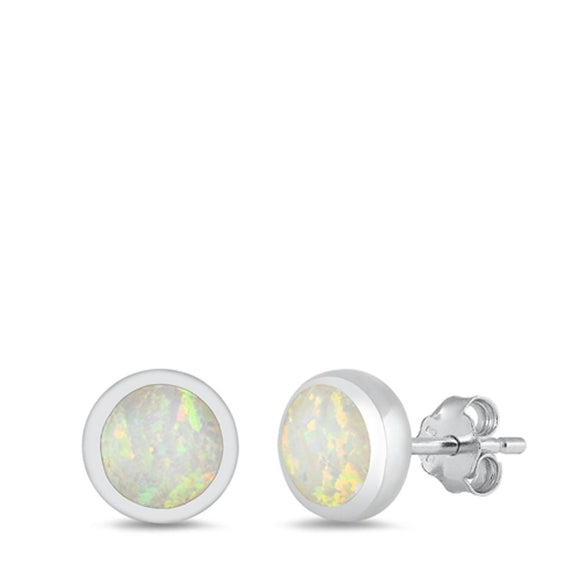 Sterling Silver High Polished White Synthetic Opal Circle Earrings .925 New