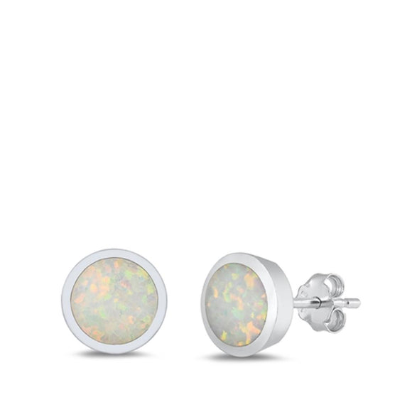 Sterling Silver Cute White Synthetic Opal Circle High Polished Earrings 925 New