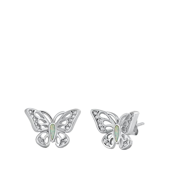 Sterling Silver Clear CZ White Opal Open Butterfly Stud Earrings 925 New