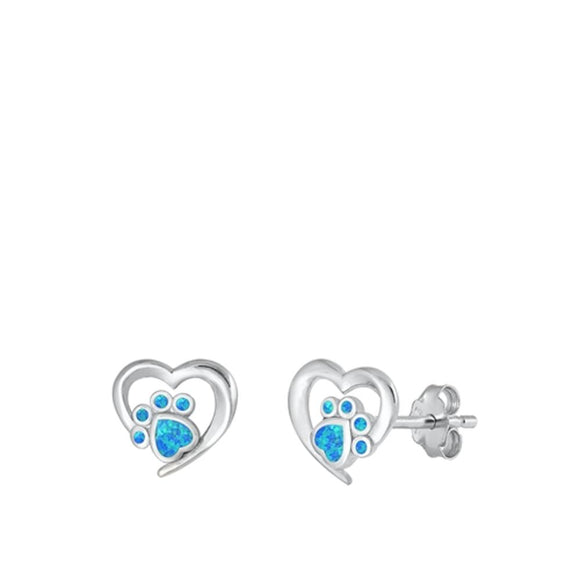 Sterling Silver Unique Blue Synthetic Opal Heart & Paw High Polished Earrings