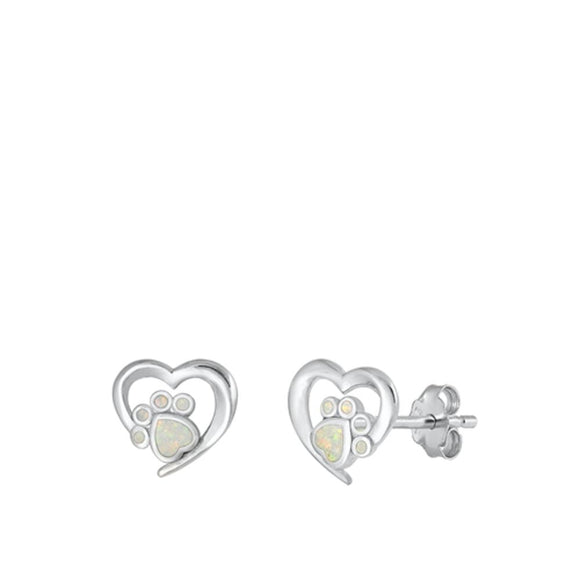 Sterling Silver Cute White Synthetic Opal Heart & Paw Print Earrings 925 New