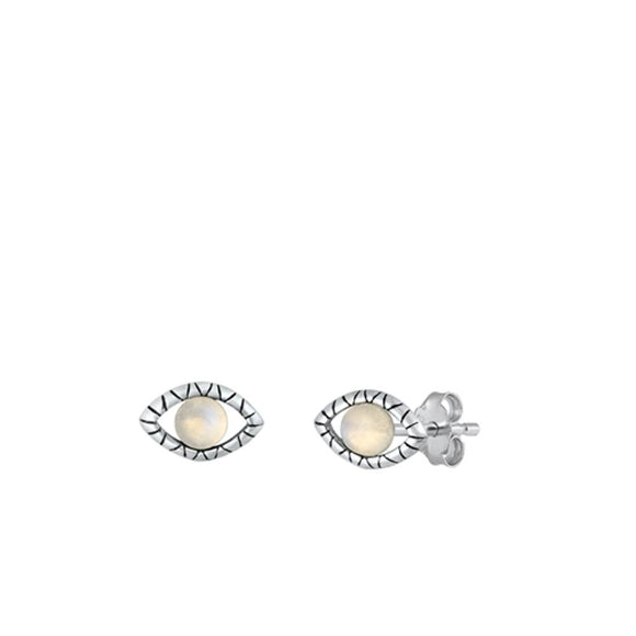 Sterling Silver Oxidized Moonstone Open Eye Stud Polished Earrings .925 New