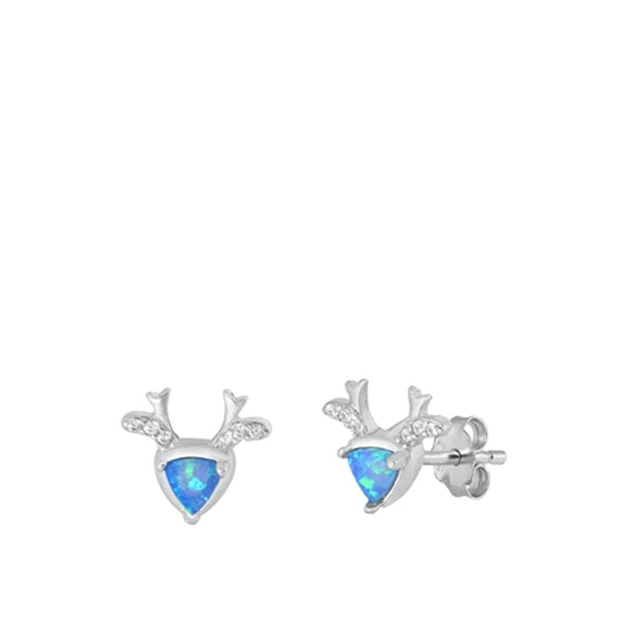 Sterling Silver Fashion Blue Synthetic Opal Reindeer Christmas Earrings 925 New