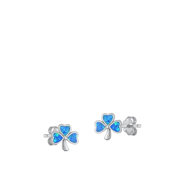 Sterling Silver Classic Blue Synthetic Opal Clover Heart Earrings 925 New