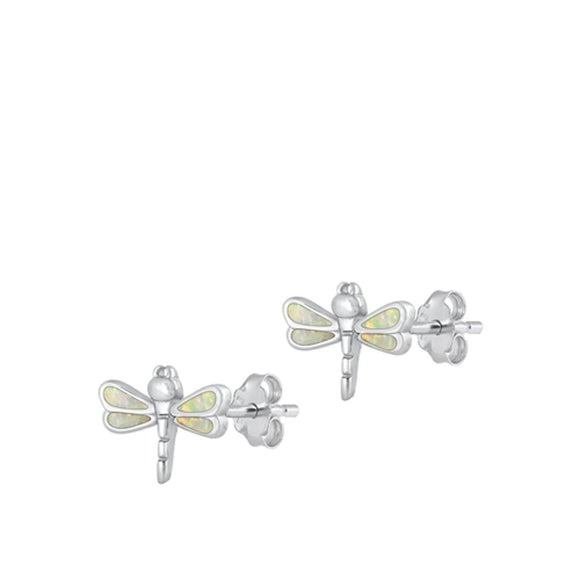 Sterling Silver Fashion High Polished White Synthetic Opal Dragonfly Earrings