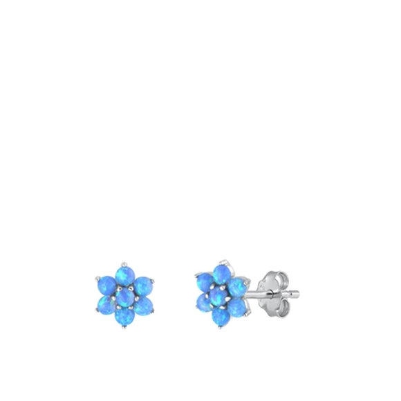 Sterling Silver High Polished Blue Synthetic Opal Flower Earrings .925 New