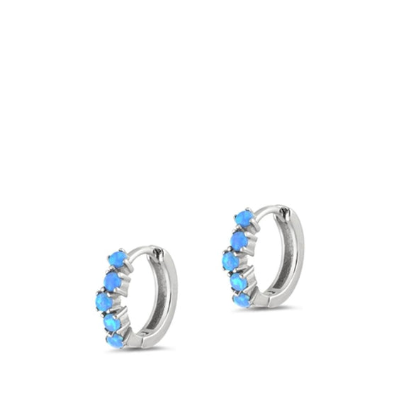Sterling Silver High Polished Blue Synthetic Opal Hoop Fashion Earrings 925 New