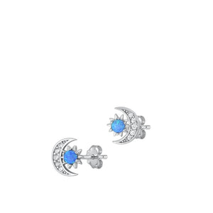 Sterling Silver Fashion Clear CZ Blue Synthetic Opal Sun Moon Earrings 925 New