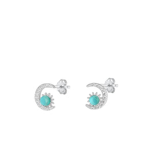 Sterling Silver .925 New High Polished Clear CZ Turquoise Moon Stud Earrings