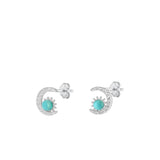 Sterling Silver .925 New High Polished Clear CZ Turquoise Moon Stud Earrings