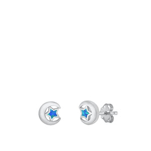 Sterling Silver Cute Blue Synthetic Opal Moon & Star Fashion Earrings 925 New
