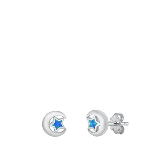 Sterling Silver Cute Blue Synthetic Opal Moon & Star Fashion Earrings 925 New
