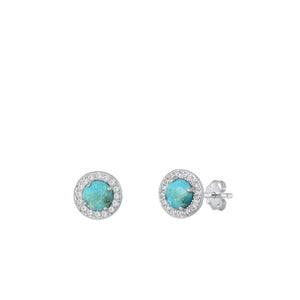 Sterling Silver Classic Turquoise Clear CZ Stud High Polished Earrings .925