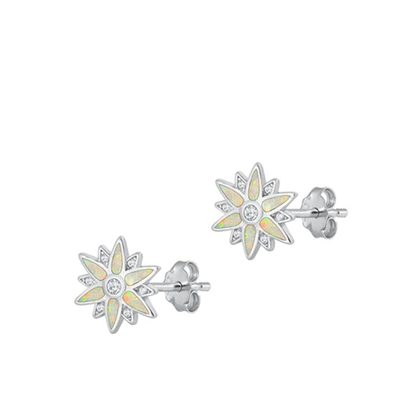 Sterling Silver Classic Snowflake White Synthetic Opal Clear CZ Star Earrings