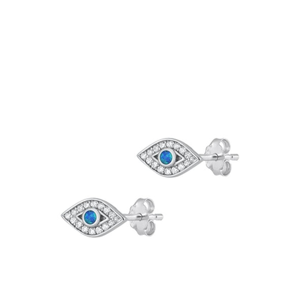 Sterling Silver Unique Blue Synthetic Opal Clear CZ Eye Earrings 925 New