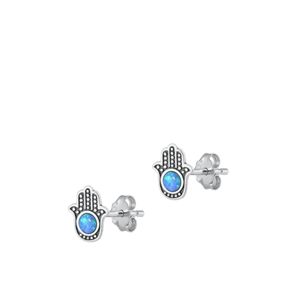 Sterling Silver Classic Blue Synthetic Opal Hamsa Oxidized Earrings 925 New