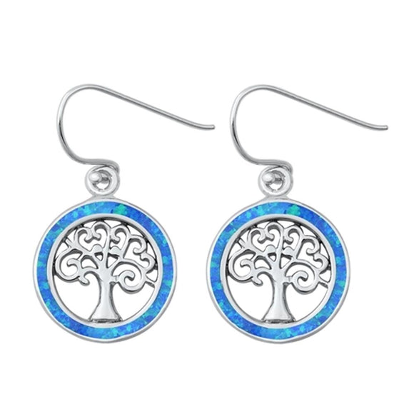 Sterling Silver Blue Opal Tree Of Life Drop Hook Polished Earrings 925 New