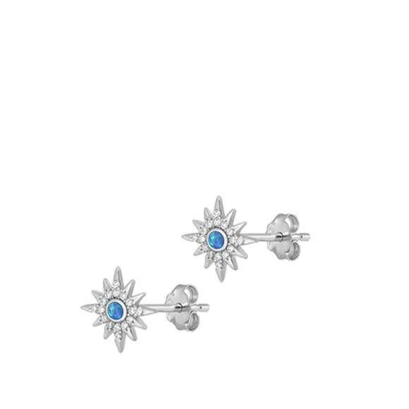 Sterling Silver Beautiful Star Burst Blue Synthetic Opal Earrings 925 New