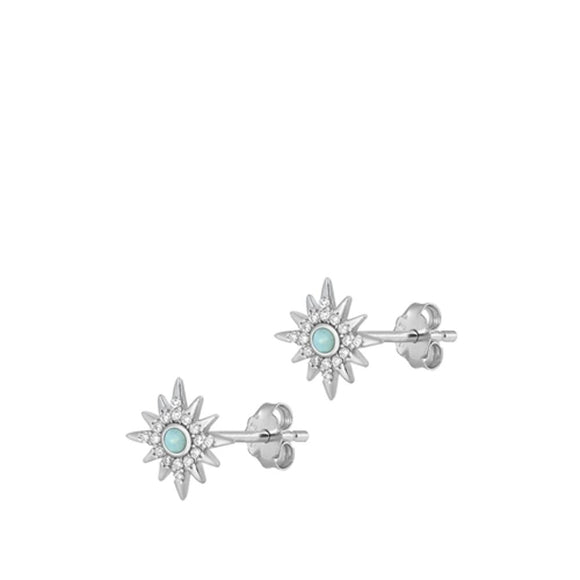 Sterling Silver Cute Larimar Clear CZ High Polished Stud Star Earrings .925 New
