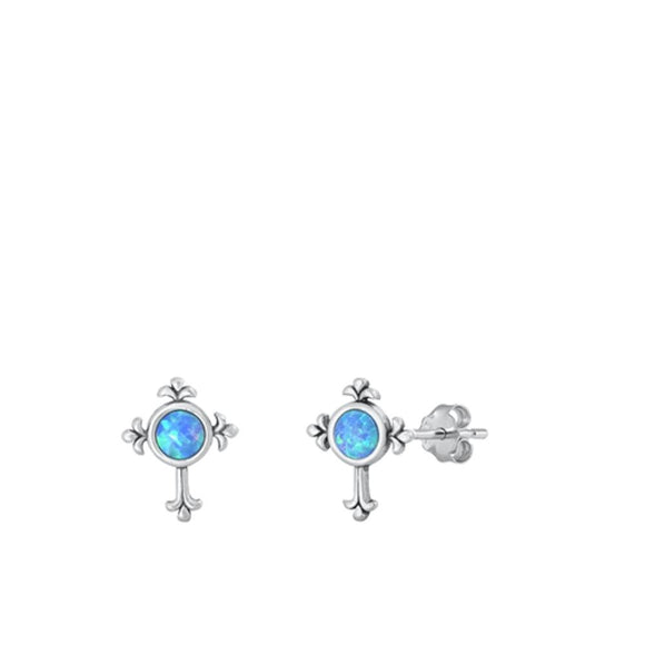 Sterling Silver Chic Polished Blue Synthetic Opal Cross Stud Earrings 925 New