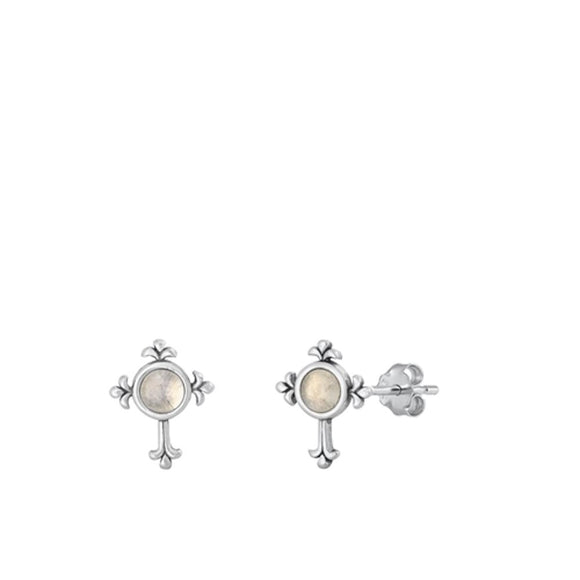 Sterling Silver Classic Moonstone Christian Cross Polished Earrings .925 New